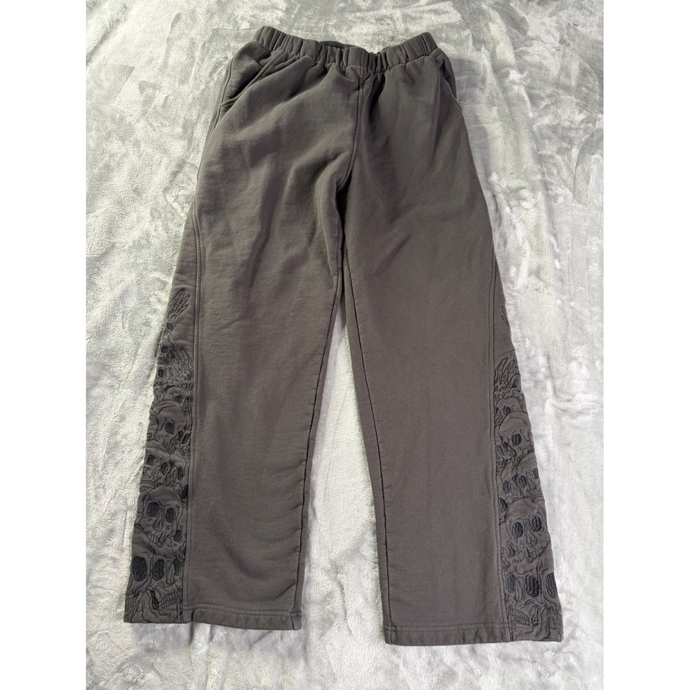 Shishiko Y2K Wide Leg Skulls Gothic Pants Mens L Gray Striped Track Sweat Pants